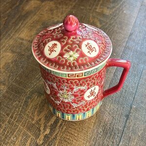 Vintage‎ Mun Shou Chinese Tea Coffee Cup Mug Porcelain with Lid Rose Red